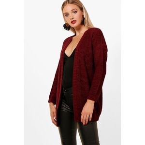 Open Front Maroon Waffle Knit Cardigan